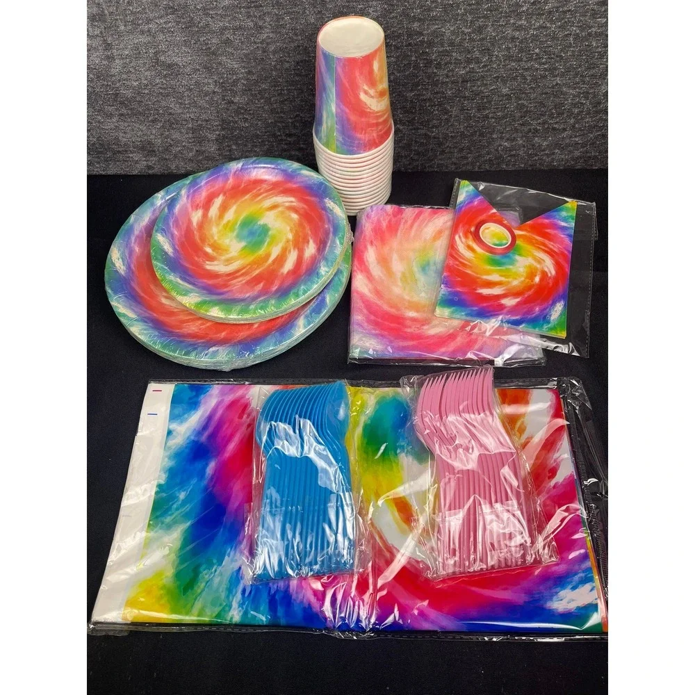 Seats 16‎ - Rainbow Tie Dye Party Set Plates Cups Napkins Tablecloth Cutlery Kit